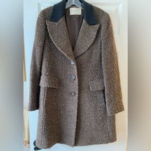 Brown boucle wool coat made in USA designer Fleurette sold in Neiman Marcus